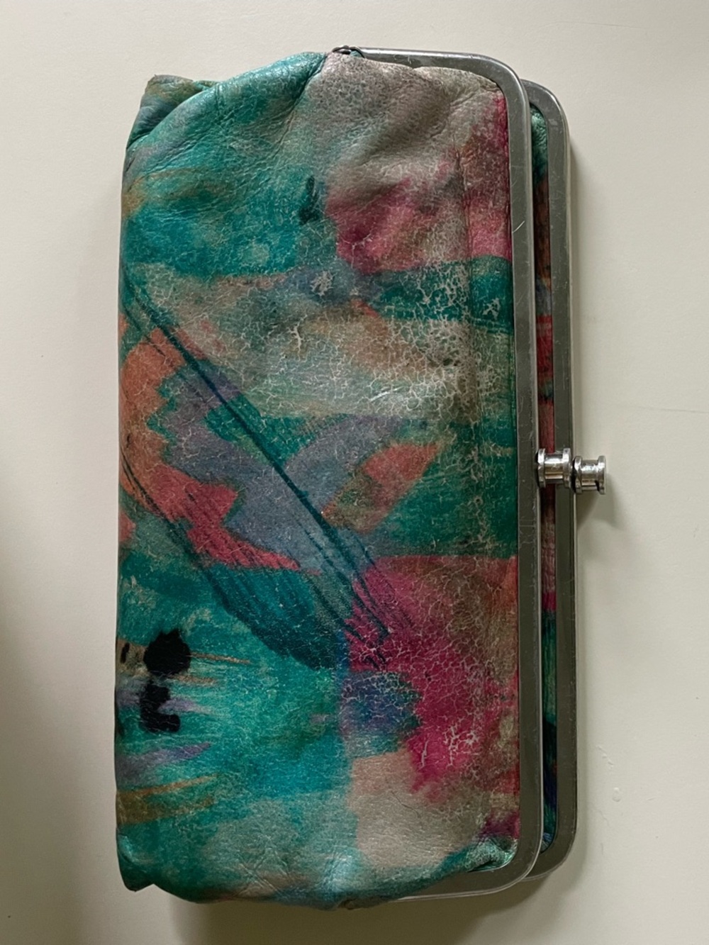 Hobo Lauren Colorful Abstract Leather Clutch Wallet - Teal & Coral Print